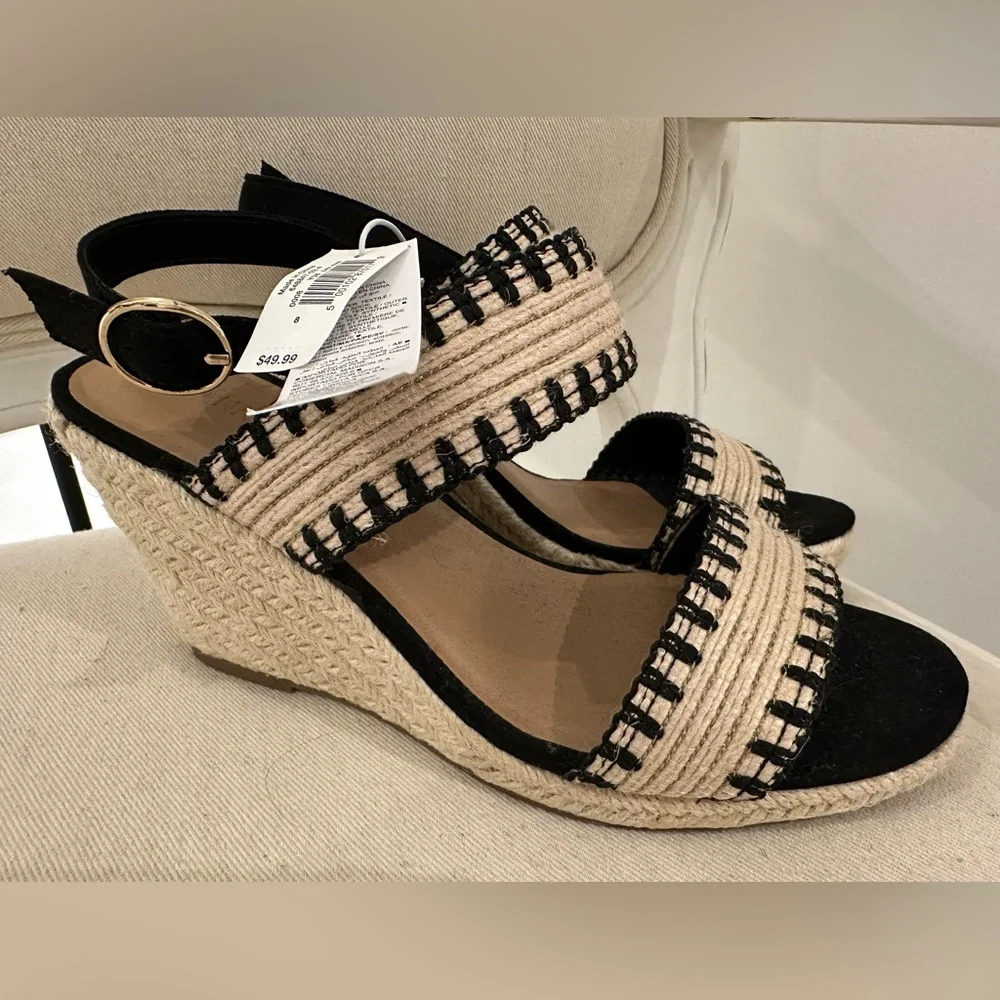 NWT Size 8 Stylish Black and Tan Wedge Raffia espadrille Sandals Shoes - Picture 5 of 11